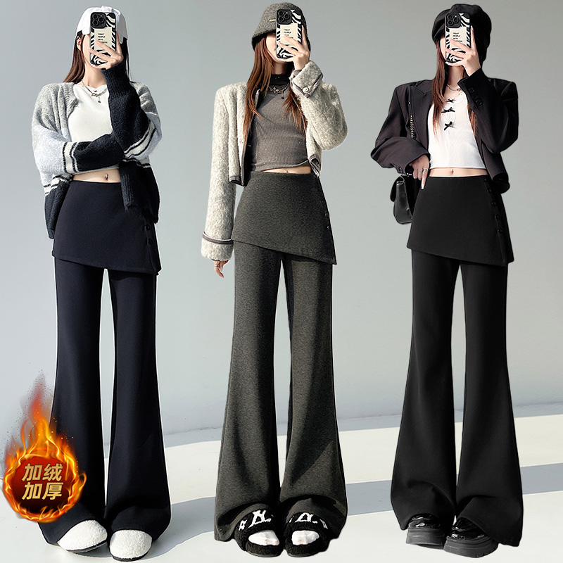 实拍假俩件加绒微喇裤女2025秋冬羊绒糯米呢高腰叠穿毛呢阔腿裤