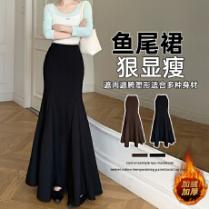 批发实拍2025秋冬半身裙女弹力<b class='q'>百搭</b>鱼尾裙黑色高腰中长裙款半身裙