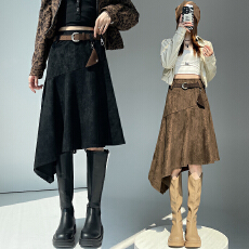 批发实拍复古麂皮绒半身裙女秋冬新款辣妹高腰不规则A字半身裙伞裙