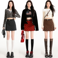批发实拍毛呢格子半身裙女2025秋冬新款高腰显瘦小个子防走光a字短裙