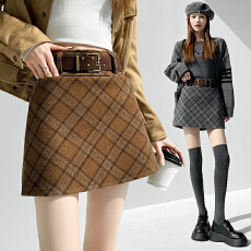 批发实拍毛呢格子<b class='q'>半身裙</b>女2025秋冬新款<b class='q'>高腰</b>显瘦小个子防走光a字短裙