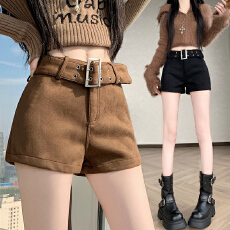 批发实拍麂皮绒<b class='q'>短裤</b>女2025秋冬新款高腰阔腿裤纯色百搭休闲裤子