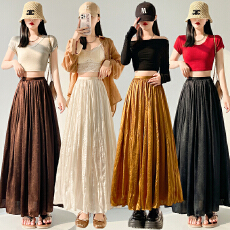 批发实拍半身裙女2026春夏新款高腰显瘦法式缎面百褶伞裙褶皱大摆长裙