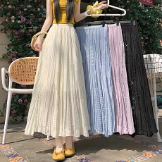 批发实拍烫钻褶皱半身裙女2026夏季高腰垂坠感a字大摆伞裙百褶<b class='q'>长裙</b>子