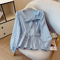 批发2025秋季新款气质复古格子绑带设计感木耳边长袖蝴蝶结衬衫上衣