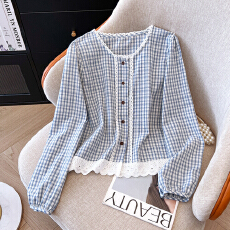 批发2025<b class='q'>秋</b>季女装韩系时尚设计感格子拼接长袖小衫上衣女