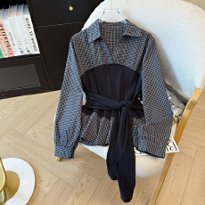 批发2026春季新款时尚洋气设计感翻领拼接绑带收腰假两件<b class='q'>长袖</b>格子<b class='q'>衬衫</b>