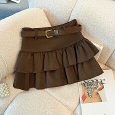 批发咖色麂皮绒蓬蓬短裙2026秋季荷叶边层次感高腰显瘦半身裙配腰带