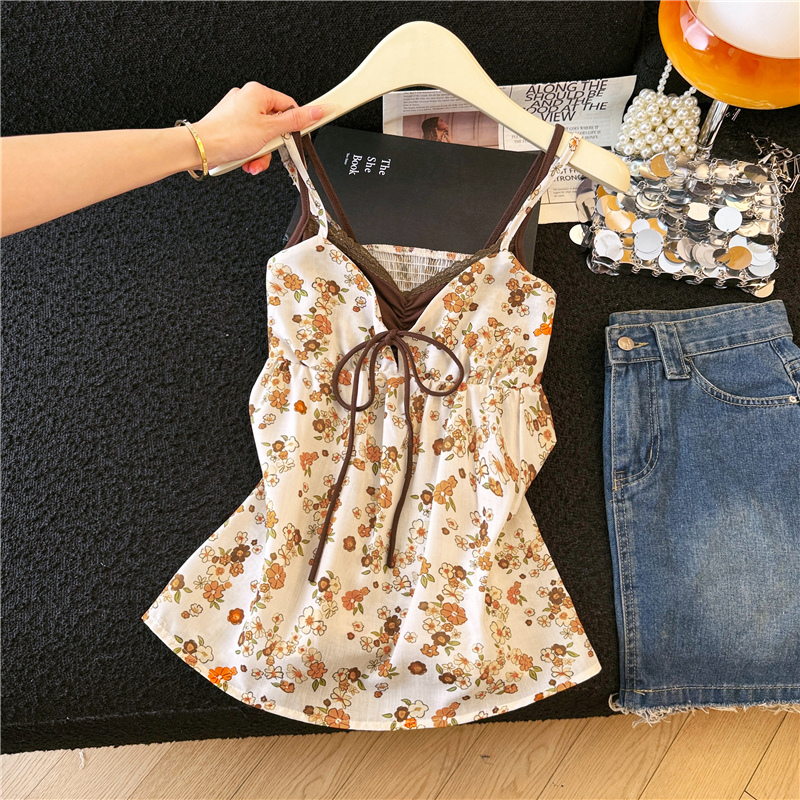 고유 한 아름다운 디자인 센스 V넥 페이크 레이어드 한 부서 ins 달콤함 꽃무늬 쉬폰 슬립 여성 루즈핏 민소매 맨위