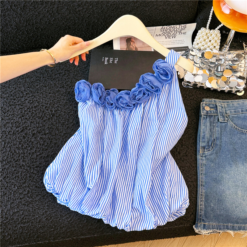 달콤함 소녀 바람 3 차원 꽃 스트라이프 캐미솔 26 봄 여름 프랑스식 휴가 바람 숄더백 비스듬한 칼라 맨위