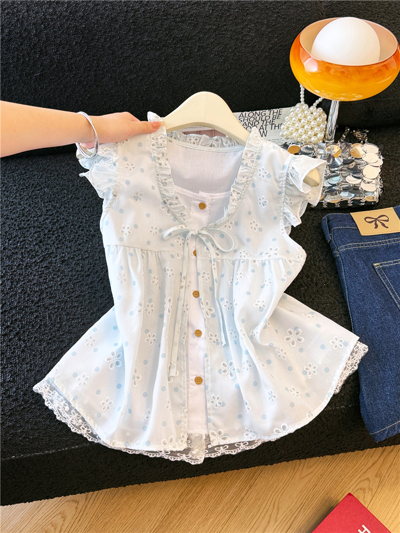 페이크 레이어드 프릴 V넥 도트 무늬 여성 셔츠 여름 연령 감소 귀여운 착용 가져 가라. 고유 한 아름다운 인형 셔츠 맨위