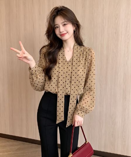 바람 프랑스식 V넥 도트 무늬 긴팔 여성 셔츠 2026 봄 가을 허리 수축 슬림해 보이는 쉬폰 핫걸 행침 목 리본 맨위