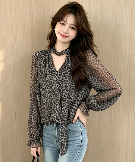 2026 가을 새로운 레트로 빛 요리 한 바람 V넥 여성 셔츠 루즈핏 레오파드 무늬 쉬폰 톱 트렌디