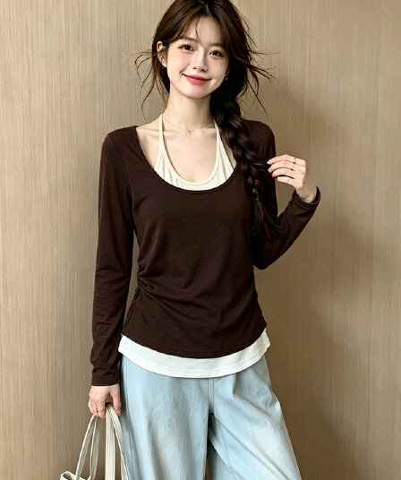 아메리칸 레트로 페이크 레이어드 레오파드 무늬 패치워크 행침 목 긴팔 티셔츠 여성 핫걸 바람 몸매 가꾸기 배색 인사이드 잡아라. 의류 트렌디
