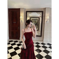 批发Good Job【法兰西热吻】法式红色丝绒细闪<b class='q'>连衣裙</b>荷叶边圣诞<b class='q'>礼服</b>裙