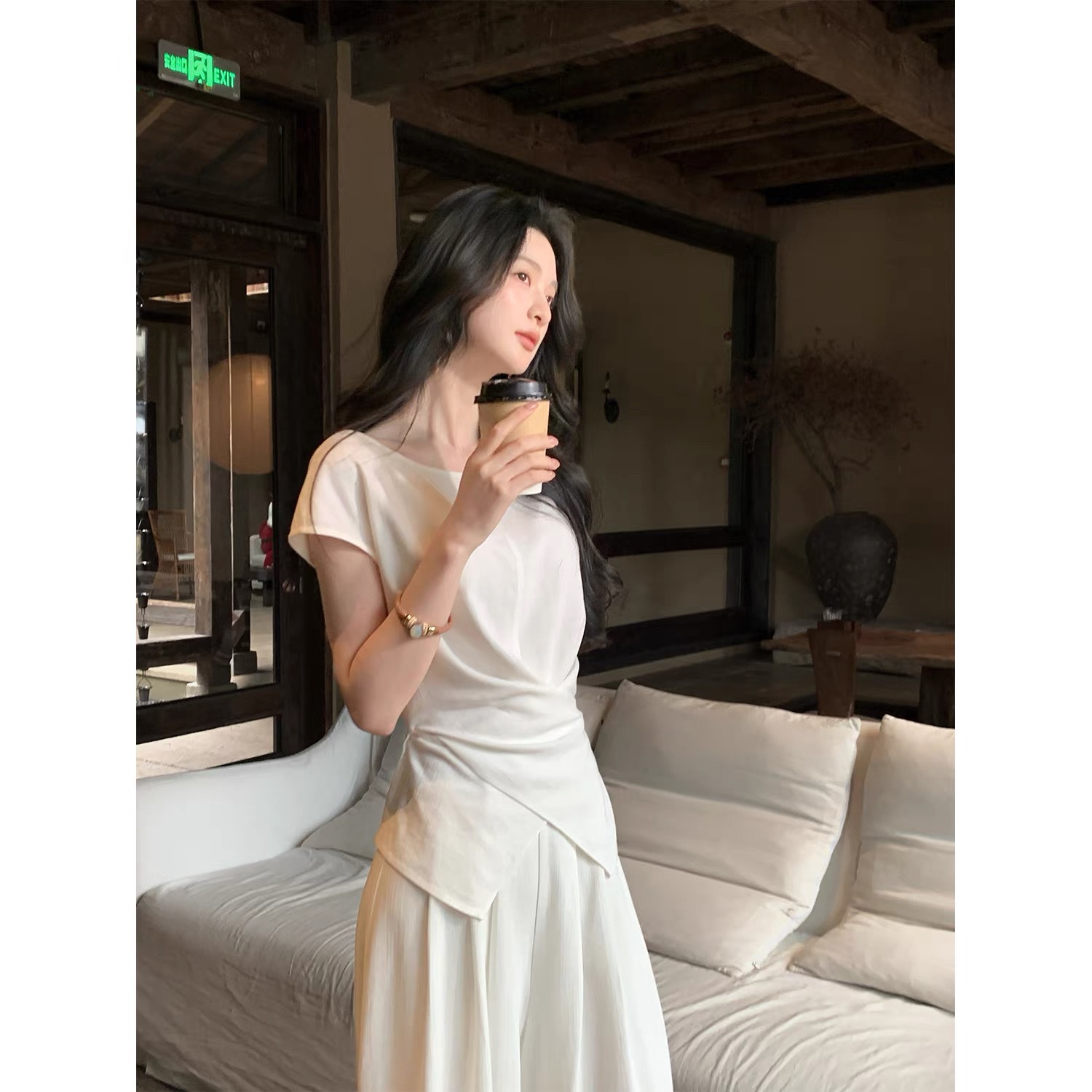 하나부터 순간 화이트 소나무 라이 경기 서울 아세트산 세트 스트랩 허리 수축 불규칙 맨위 캐주얼 와이드 레그 팬츠