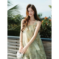 批发梅子熟了「绿莺」定染晕染印花莱赛尔网纱吊带连衣裙氛围大摆长裙