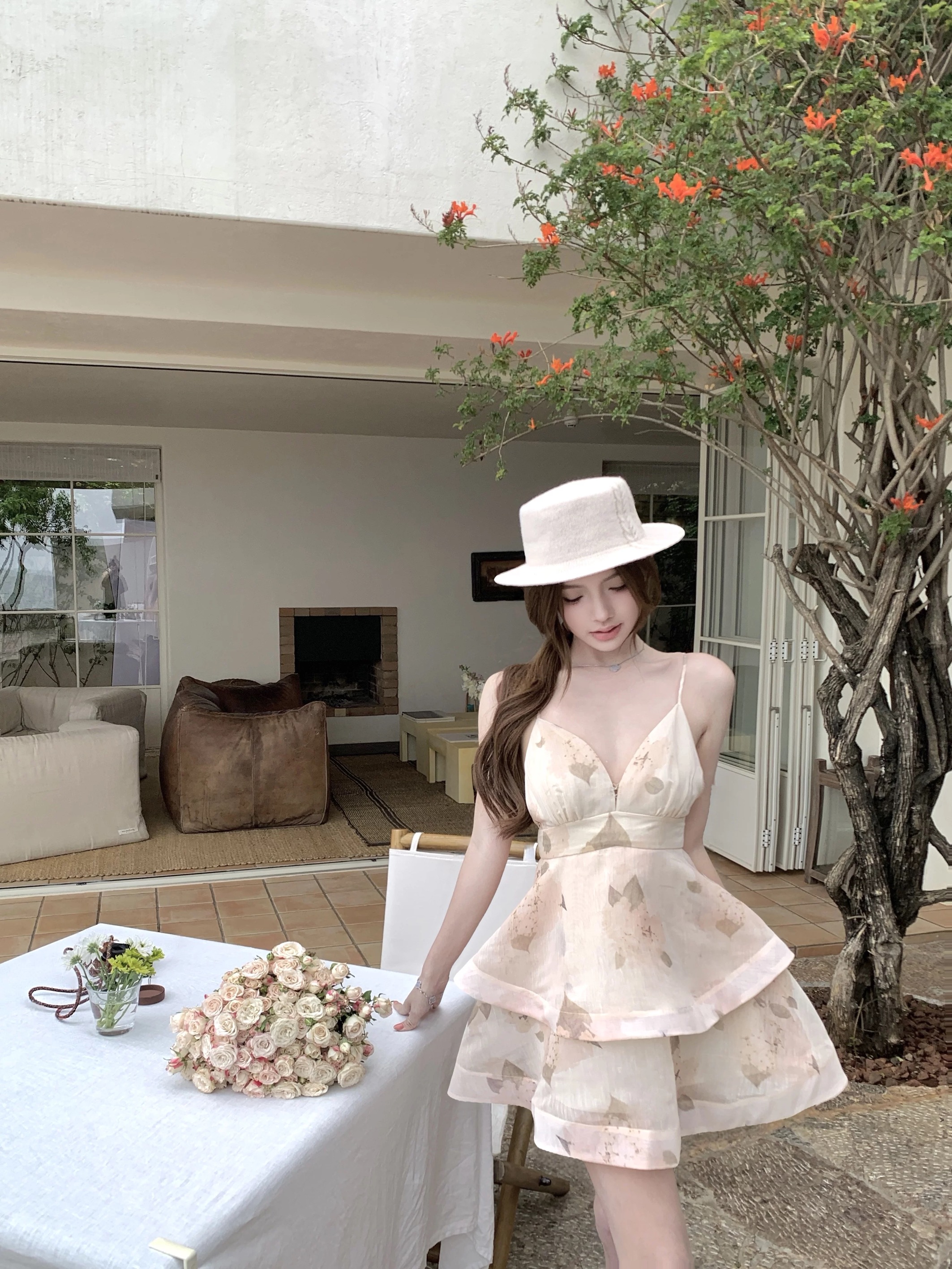 kubiliv 꽃 와 앨리스 프린트 백리스 드레스 허리 수축 슬림해 보이는 슬립 드레스