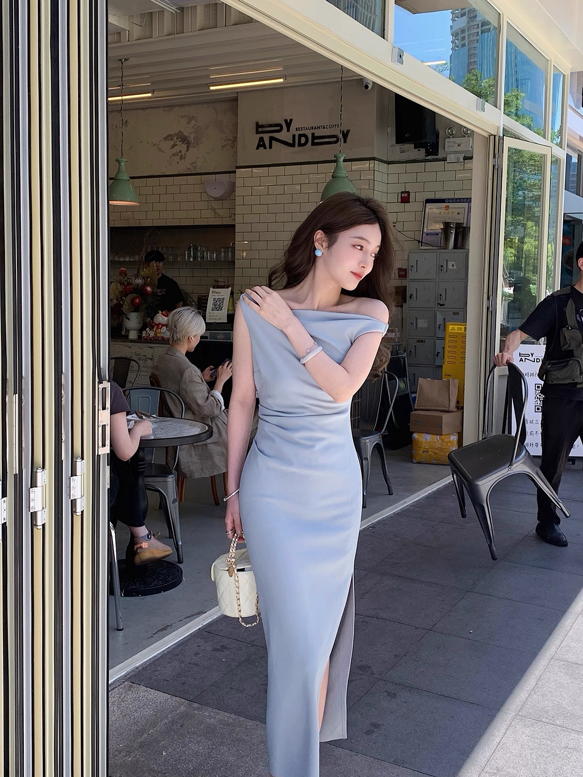 오직 니켈 카드 착용 Shan du 홈 익스트림 제인 품격 고급 비스듬한 어깨 몸매 가꾸기 타이트 스커트 드레스 프랑스식 롱 스커트 여성 여름
