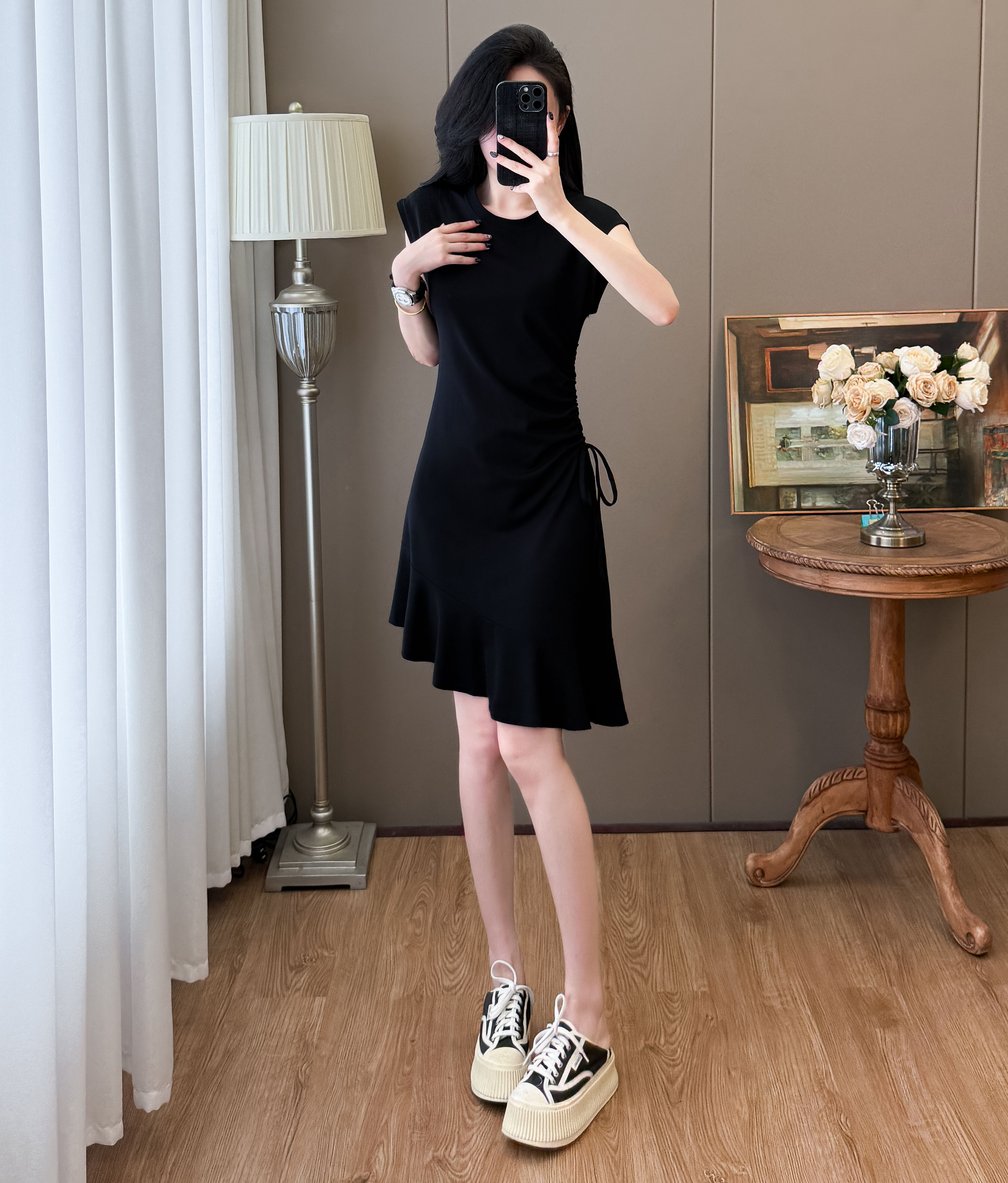 实拍抽绳连衣裙鱼尾不规则中长款大码T恤裙女夏