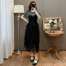 批发实拍网纱<b class='q'>拼接</b><b class='q'>连衣裙</b>圆领短袖撞色手工钉蝴蝶时尚遮肉显瘦中长款裙