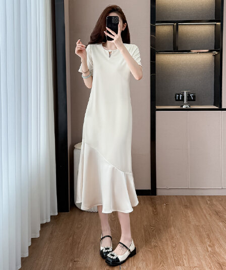 실사 패치워크 여성 드레스 여름 네클라인 구슬 장식 루즈핏 슬림해 보이는 중간 길이 빅 사이즈 티셔츠 치마