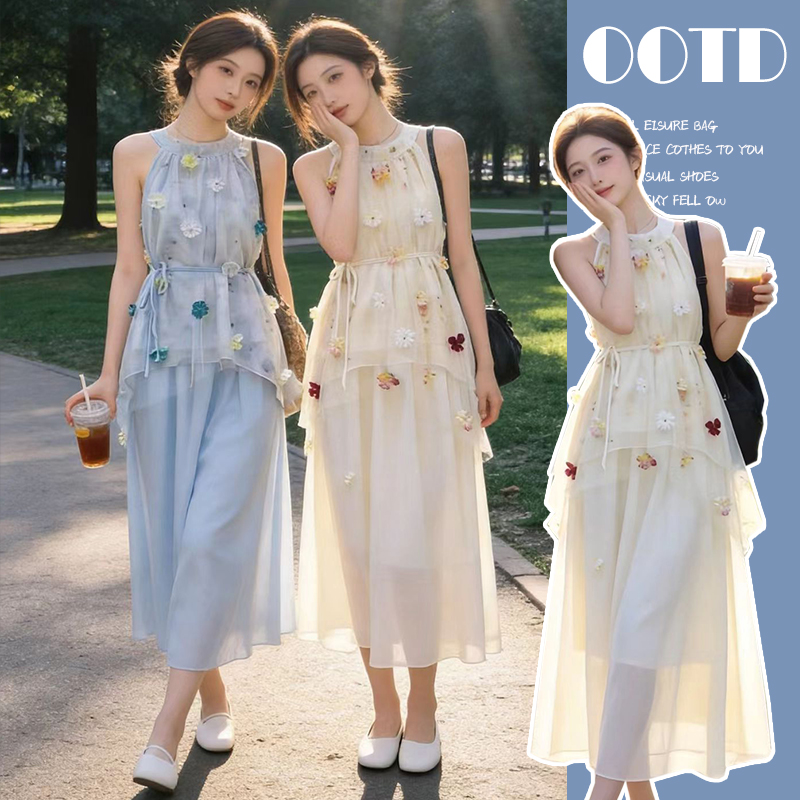 출산 착용 드레스 2026 여름 새로운 민소매 꽃무늬 행침 목 드레스