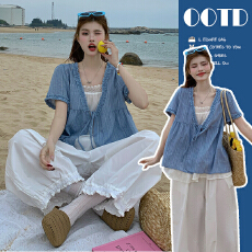 批发孕妇装2026新款假两件浅蓝色娃娃衫花苞<b class='q'>裤</b>两件套孕妇<b class='q'>套装</b>