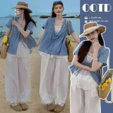 批发孕妇装2026新款假两件浅蓝色娃娃衫花苞裤<b class='q'>两件套</b>孕妇套装