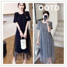 批发孕妇装2026夏季针织网纱拼接<b class='q'>时尚</b>款潮妈孕妇连衣裙