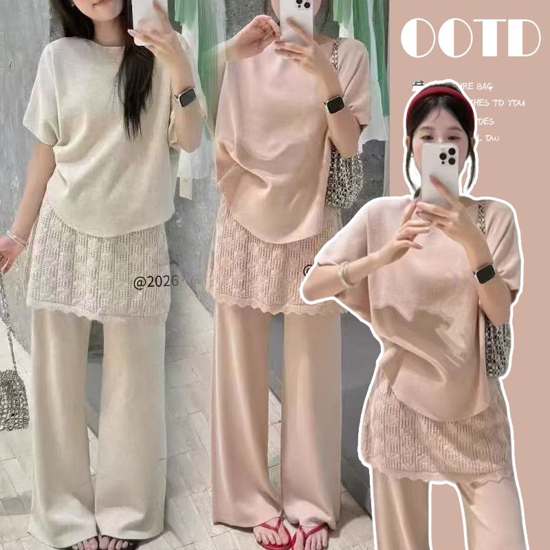 임산부 세트 여름 패션 니트 슬림해 보이는 맨위 긴 바지 패치워크 레이스 임산부 투피스 세트