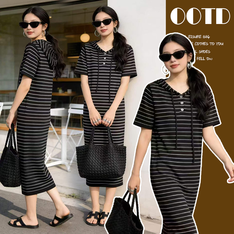 출산 착용 2026 여름 패션 스트라이프 니트 임산부 드레스 한국 스타일 루즈핏 표지 배 롱 코트