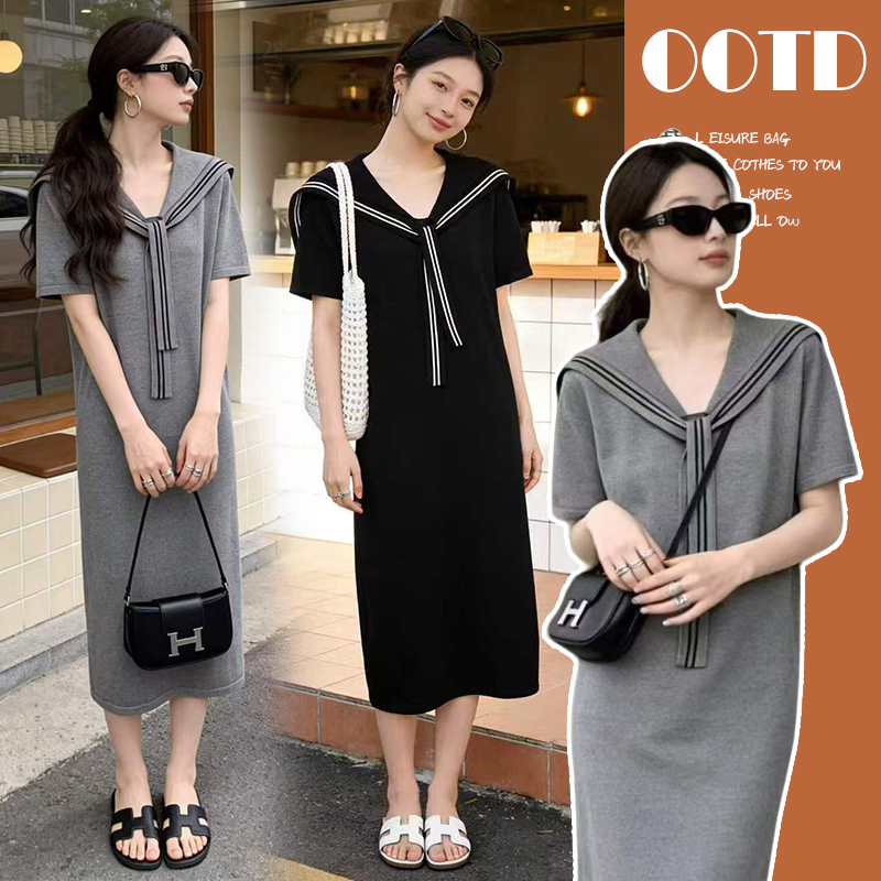 새로운 해군 칼라 출산 착용 2026 여름 새로운 루즈핏 롱 코트 임산부 치마 드레스