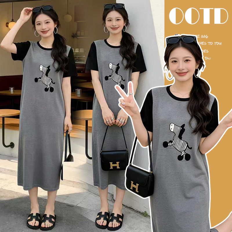 출산 착용 2026 여름 시간 표지 배 만화 패턴 얼음 실크 니트 임산부 드레스