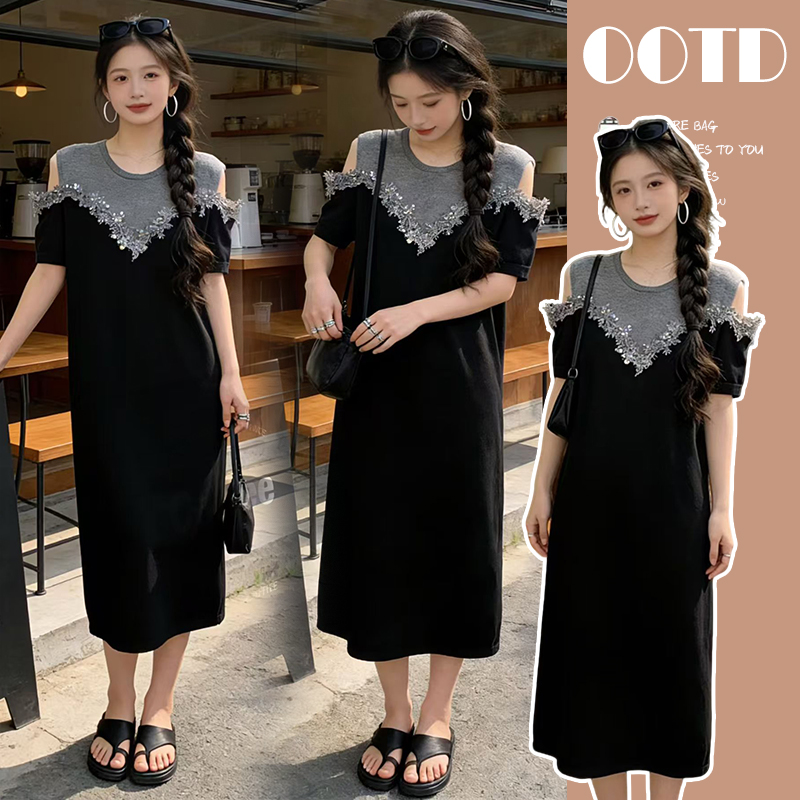 출산 착용 2026 여름 새로운 패션 오프숄더 페이크 레이어드 니트 임산부 드레스