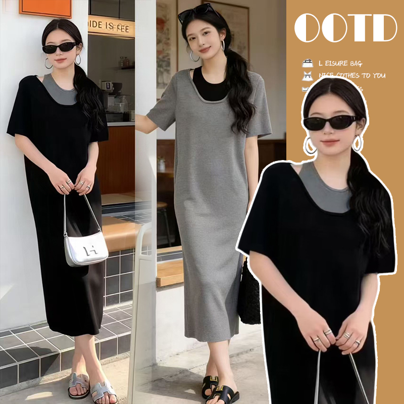 출산 착용 2026 여름 새로운 배색 패치워크 페이크 레이어드 니트 임산부 드레스