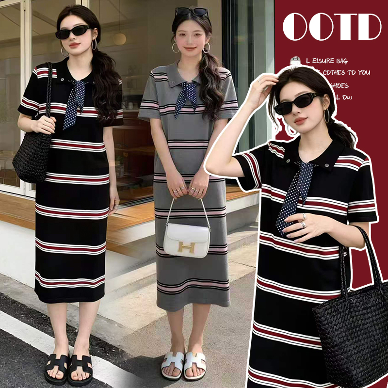 임산부 드레스 스트라이프 니트 POLO 칼라 납 축제 롱 스커트 임산부