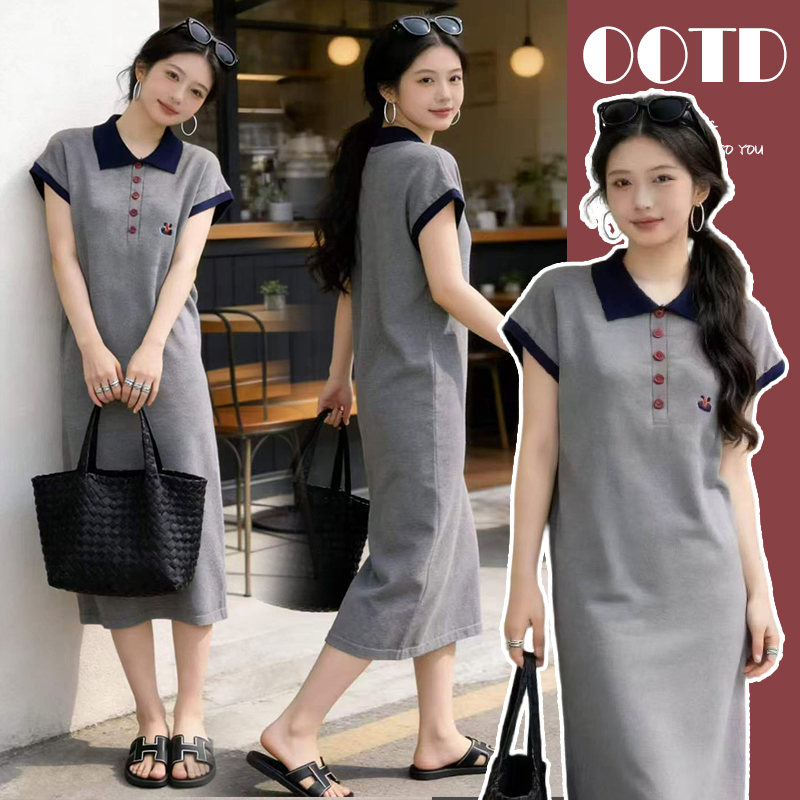 임산부 드레스 POLO 칼라 회색 니트 임산부 롱 스커트