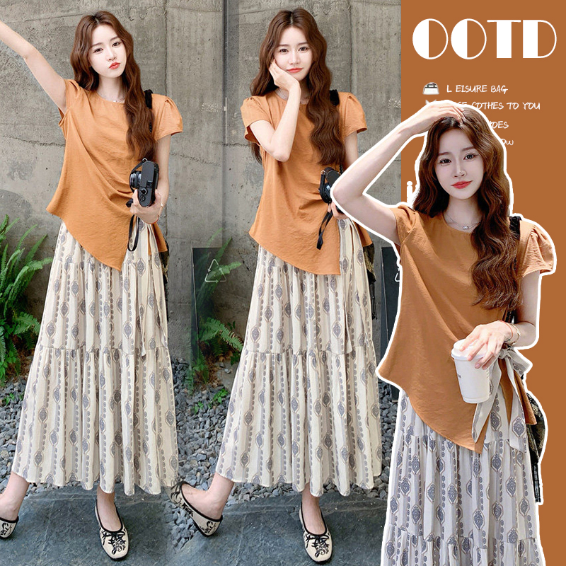 임산부 세트 2026 새로운 디자인 품격 반팔 레트로 프린트 반신 스커트 임산부 투피스 세트