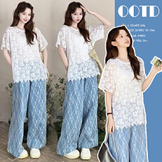 批发孕妇装<b class='q'>蕾丝</b>上衣裤子新款超火薄纱T恤阔腿裤孕妇<b class='q'>套装</b>（托腹裤）