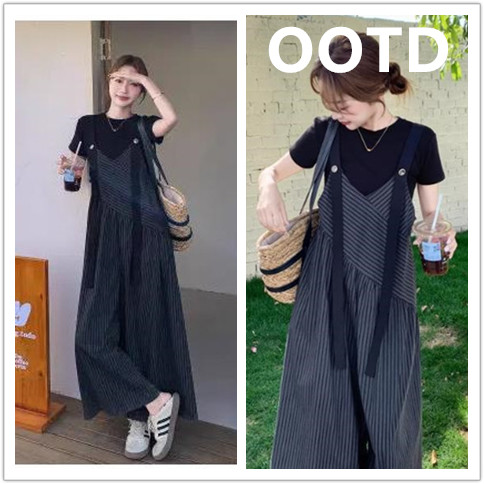 2026 여름 품격 캐주얼 세트 반팔 슬림해 보이는 작은 대중 디자인 센스 스트라이프 멜빵 바지 맨위 출산 착용