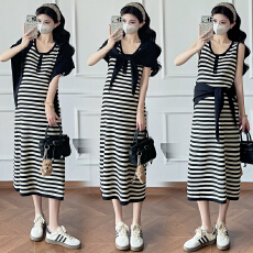 批发实拍 现 孕妇连衣裙时尚设计感百搭针织披肩条纹背心连衣裙两件套