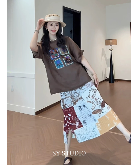 루즈핏 네 궁전 그리드 만화 다용도 연령 감소 라운드 넥 반팔 셔츠 반신 스커트 임산부 세트