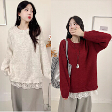 批发現货孕妇装甜美蕾丝拚接温柔慵懒风毛衣秋冬季气质设计感针织上衣