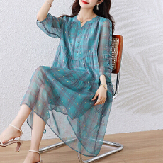 批发时尚宽松格子连衣<b class='q'>裙</b>女2025年春季新款七分袖洋气减龄中长<b class='q'>裙</b>