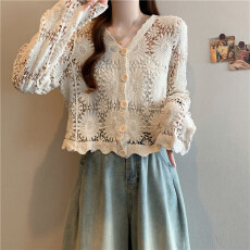 批发实拍<b class='q'>大码</b>胖MM法式钩花镂空V领针织<b class='q'>开衫</b>长袖外搭上衣