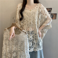 批发实拍大码<b class='q'>宽松</b>蝙蝠袖新款钩花叠穿波西米亚针织防晒罩衫短袖夏季