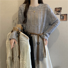 批发实拍镂空罩衫<b class='q'>毛衣</b>女外搭春夏新款胖MM显瘦<b class='q'>中长款</b>系腰带上衣