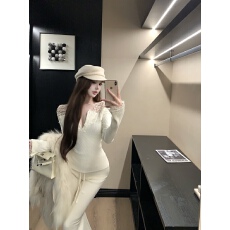 批发实拍实价 韩版修身显瘦性感蕾丝拼接V领长袖打底衫高腰抽绳喇叭裤