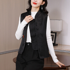批发<b class='q'>春</b>季新款中国风盘扣坎肩马甲女新中式国风提花黑色立领马夹